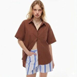 Aritzia Wilfred Free Dulce Brown Cotton Poplin Oversized Short Sleeve Shirt